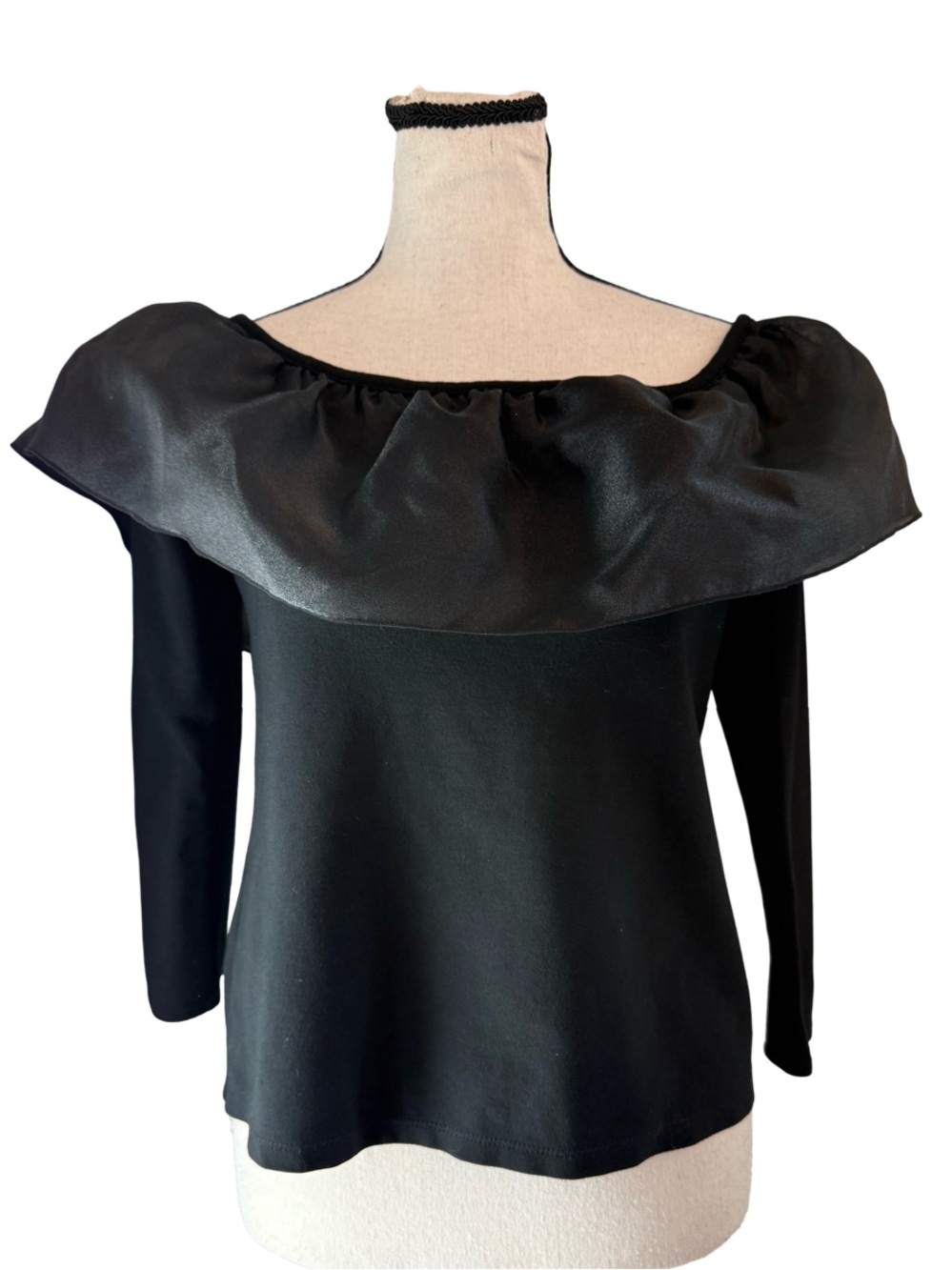 J.Crew Black Off Shoulder Ruffle Top Sz S Satin Peplum Statement Blouse
